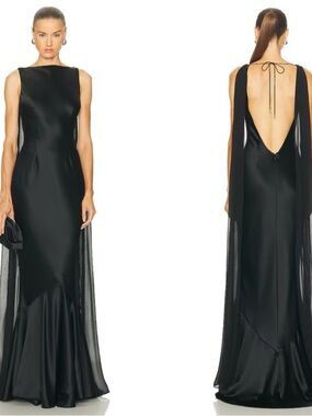 RETROFETE Julia Open Back Draped Train Satin Black Maxi Dress Size Small